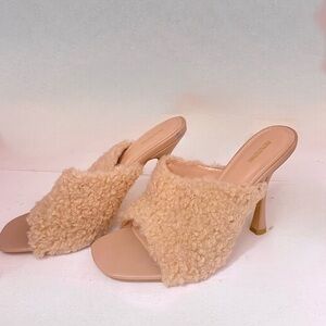 Women's Beige Fuzzy Heeled Mules